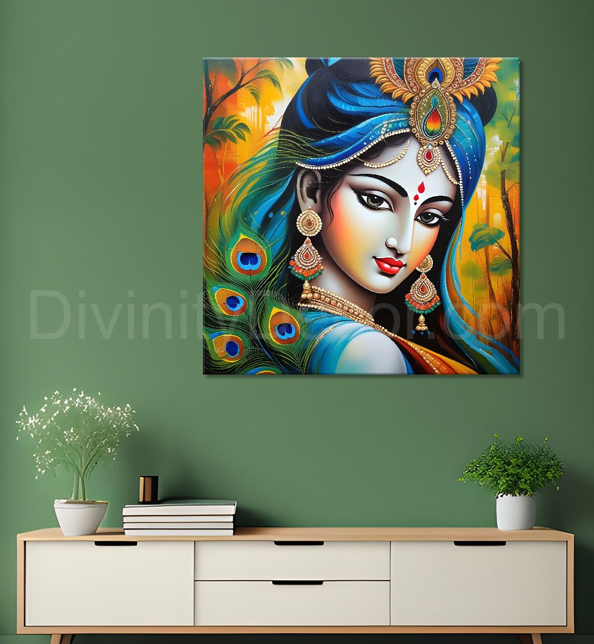 Radha with orange and peacock feathers oil painting Canvas Painting 24X24- Design - Krishna-S-5