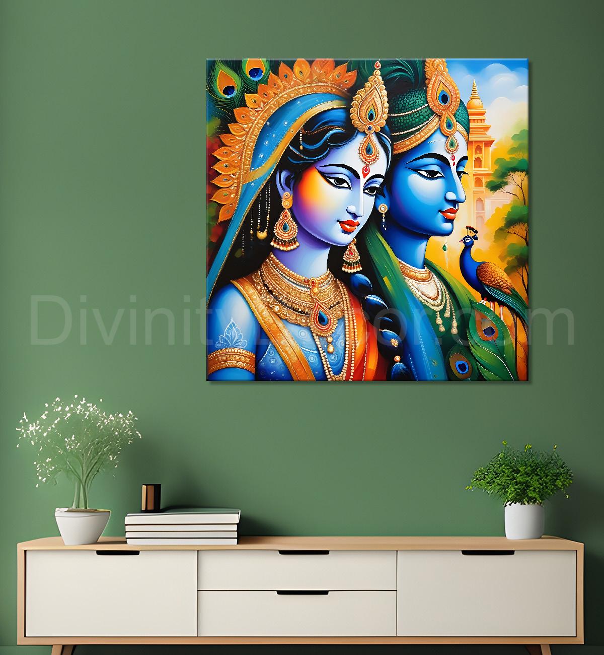 Blue face of krishna with radha in oil painting Canvas Painting 24X24- Design - Krishna-S-6