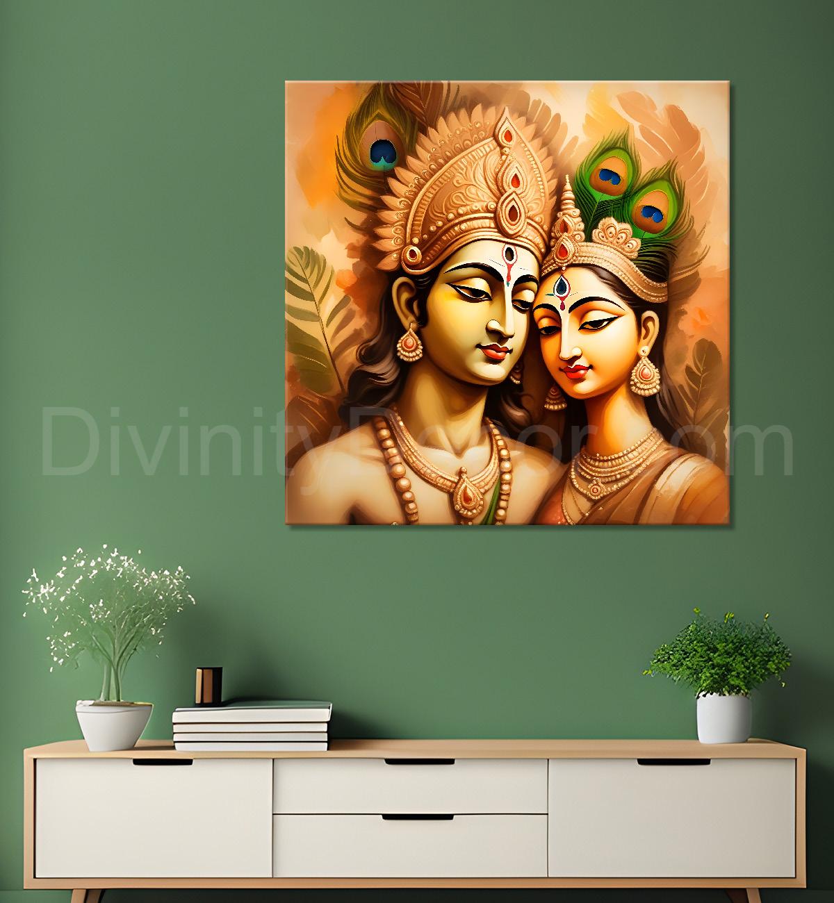 Krishna with radha in golden textued painting Canvas Painting 24X24- Design - Krishna-S-7