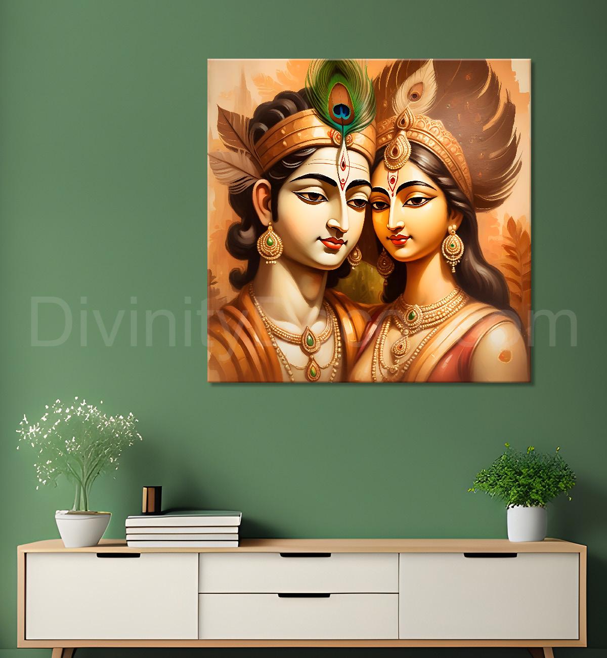 Krishna with radha in golden textued painting Canvas Painting 24X24- Design - Krishna-S-8
