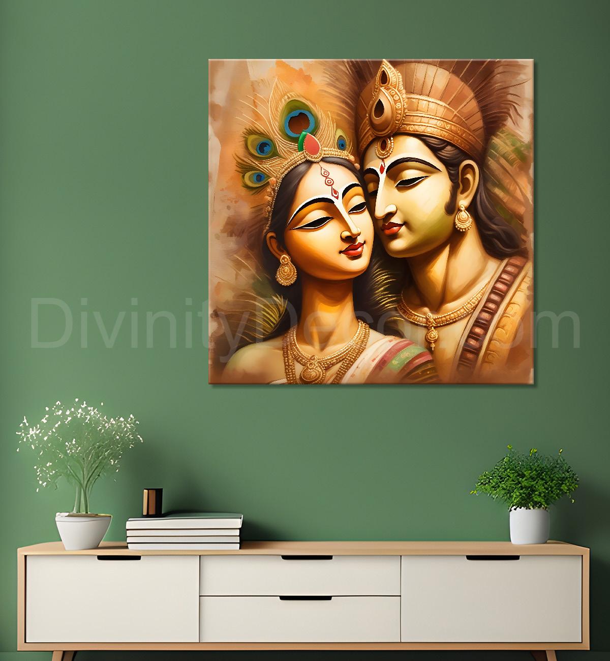 Krishna with radha in golden textued painting Canvas Painting 24X24- Design - Krishna-S-10