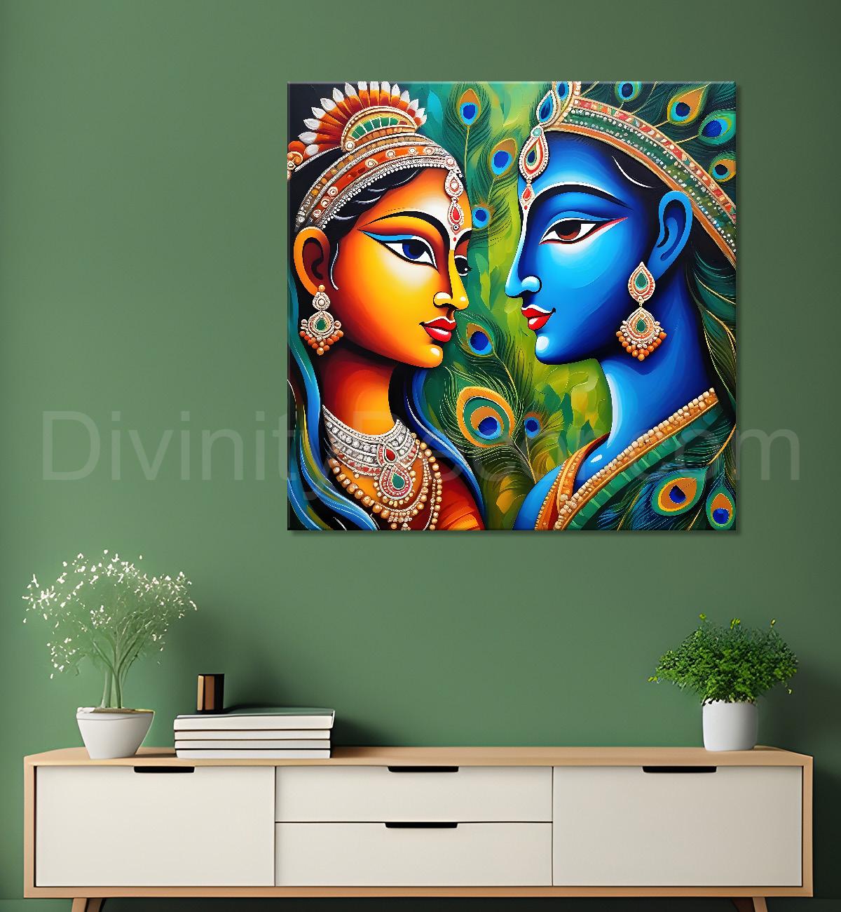 Blue face of krishna with radha in oil painting Canvas Painting 24X24- Design - Krishna-S-11