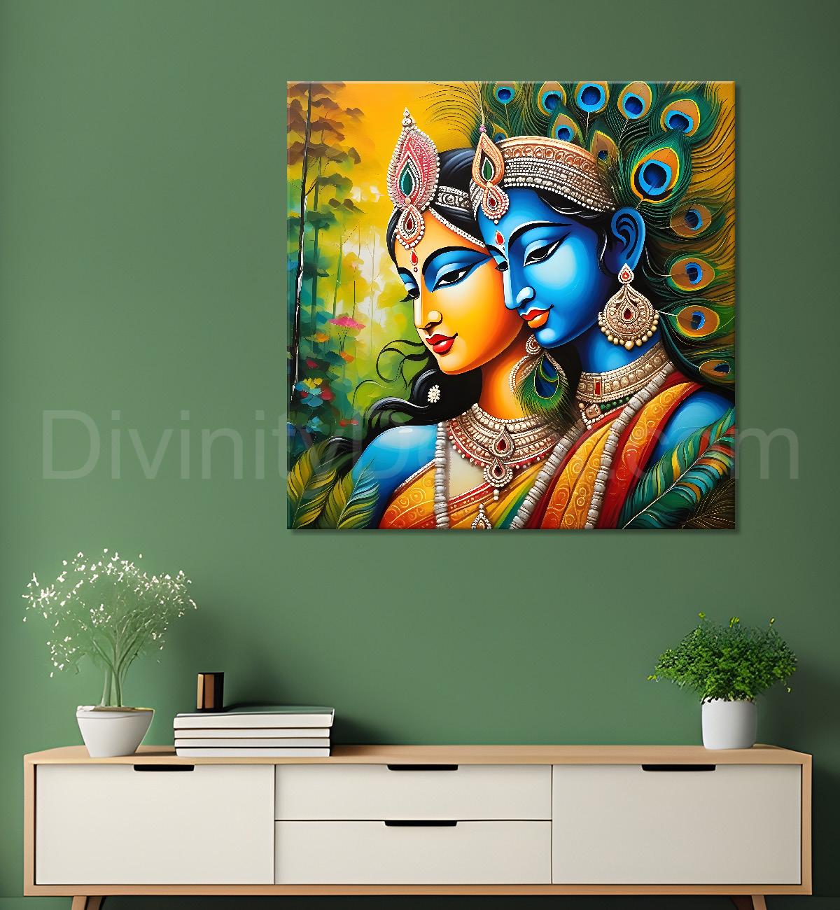 Blue face of krishna with radha in oil painting Canvas Painting 24X24- Design - Krishna-S-12