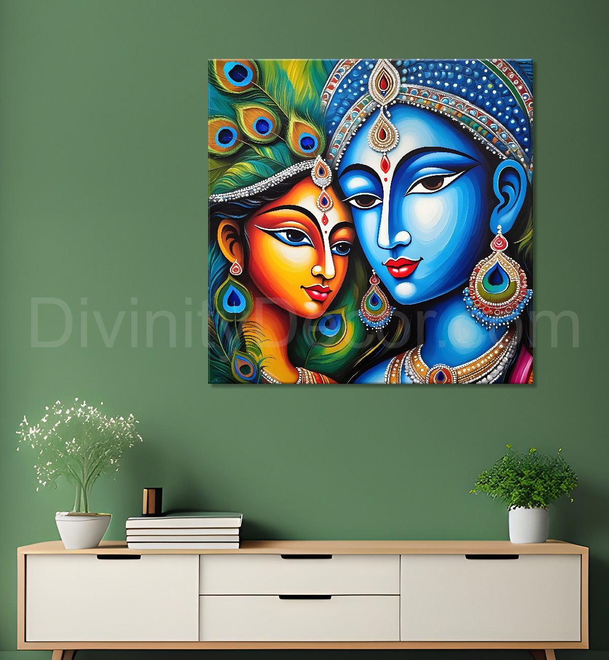 Blue face of krishna with radha in oil painting Canvas Painting 24X24- Design - Krishna-S-13