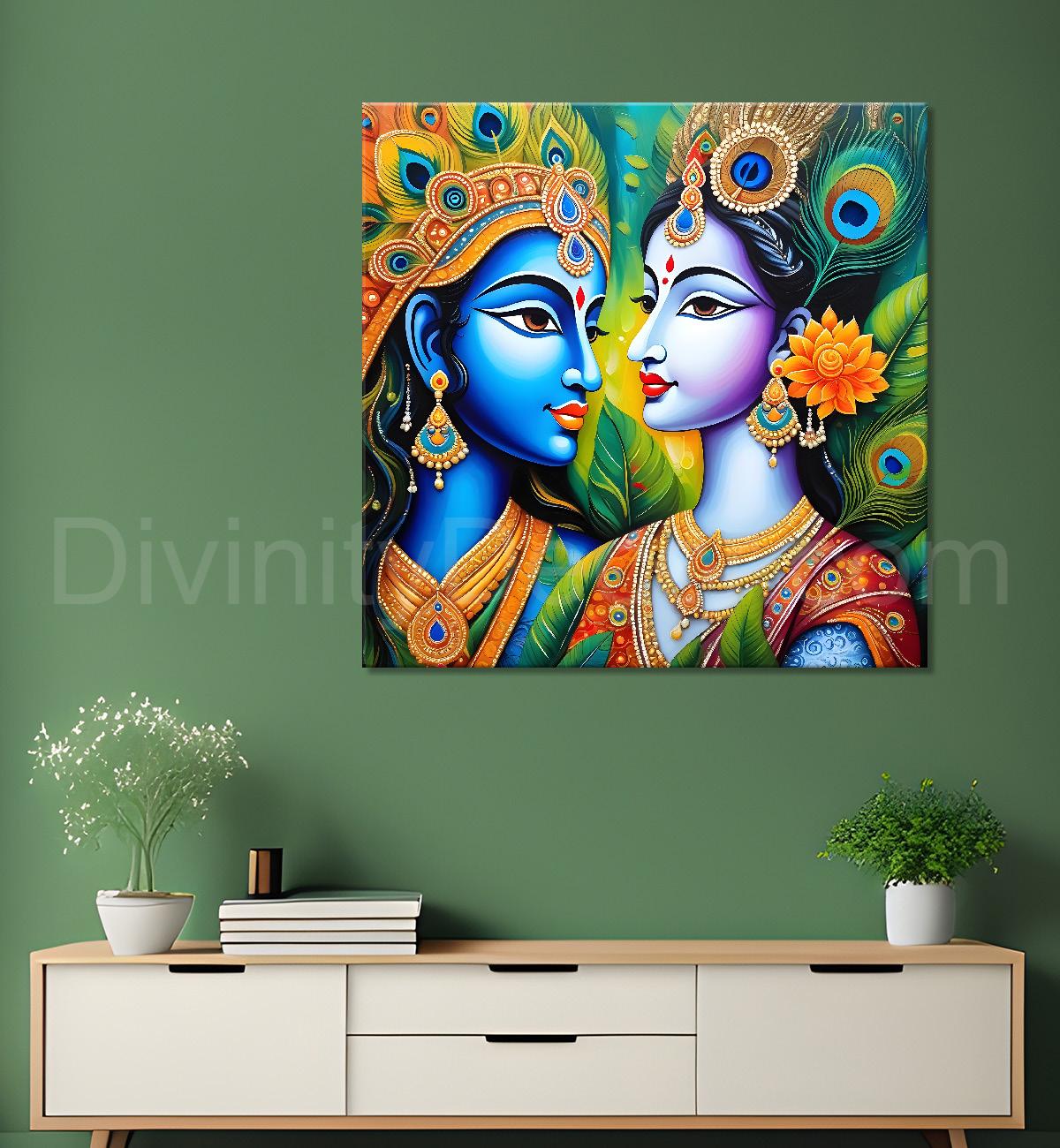 Blue face of krishna with radha in oil painting Canvas Painting 24X24- Design - Krishna-S-14