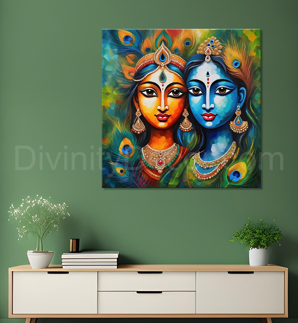 Blue face of krishna and radha with peacock feathers oil painting Canvas Painting 24X24- Design - Krishna-S-17