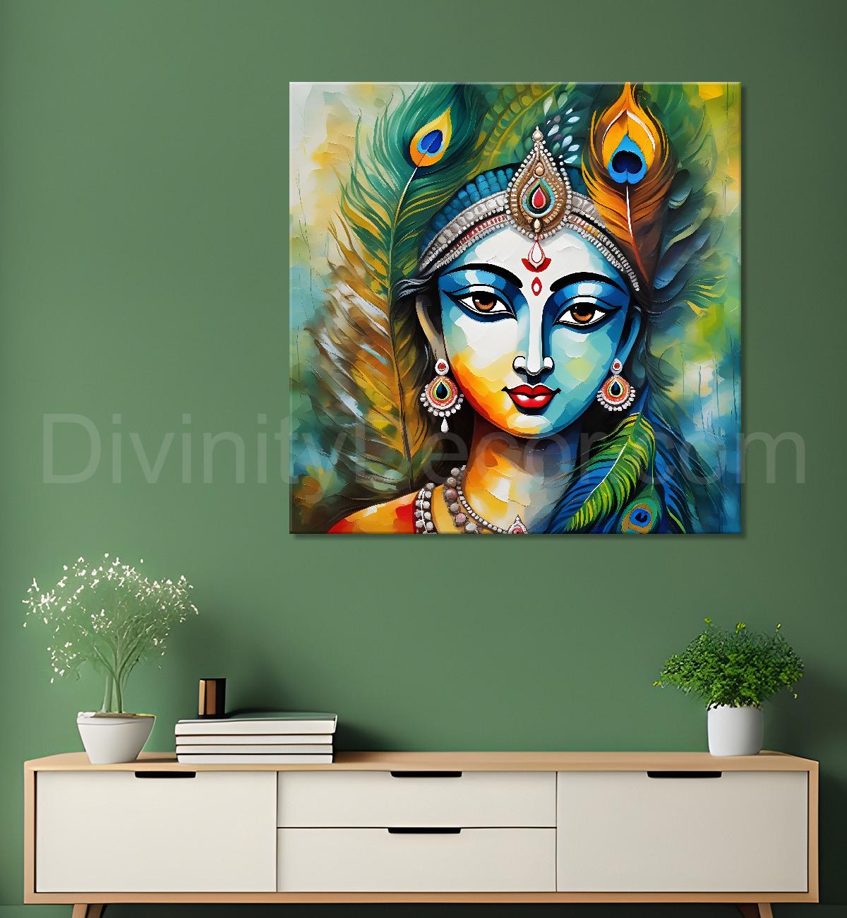 Blue face of krishna with peacock feathers oil painting Canvas Painting 24X24- Design - Krishna-S-18