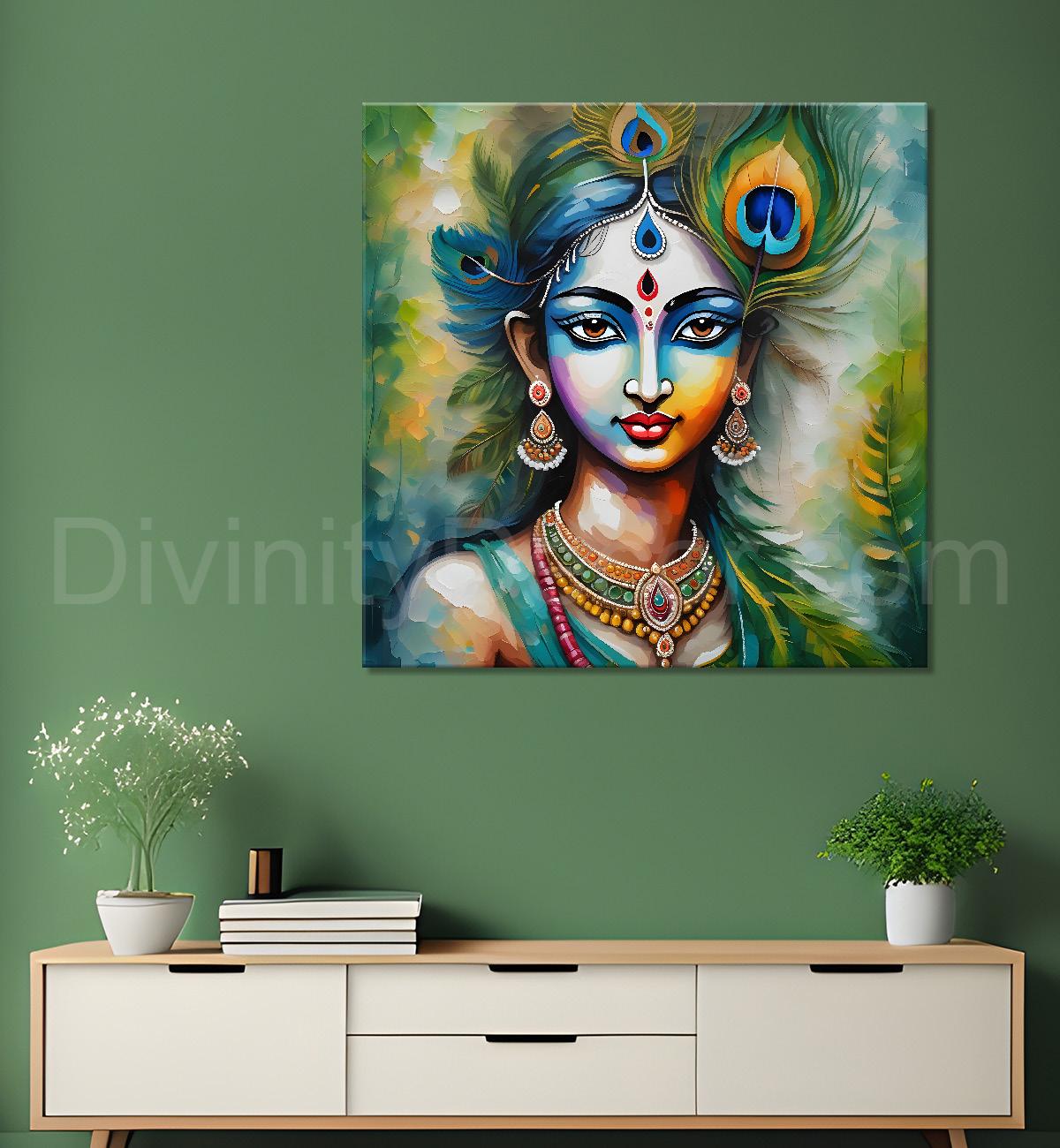 Blue face of krishna with blue background oil painting Canvas Painting 24X24- Design - Krishna-S-21
