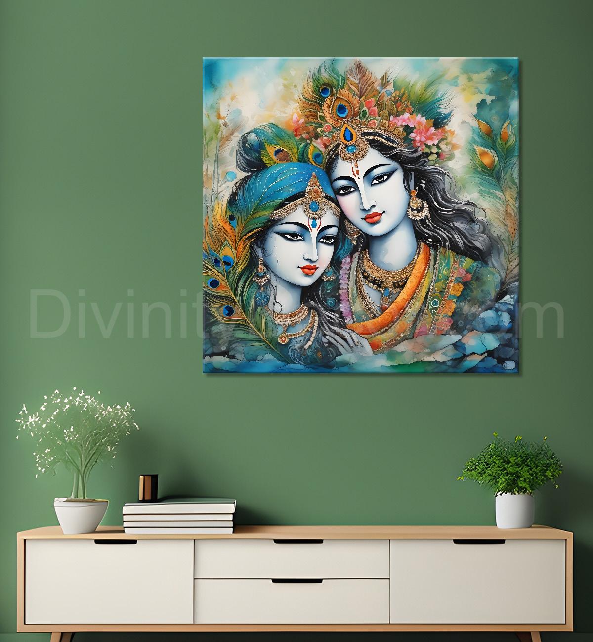 Blue face of krishna with radha in oil painting Canvas Painting 24X24- Design - Krishna-S-27