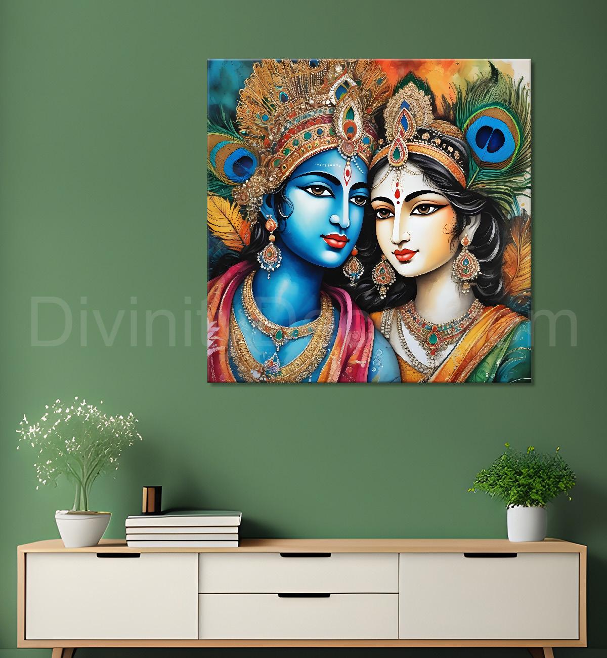 Blue face of krishna with radha in oil painting Canvas Painting 24X24- Design - Krishna-S-28