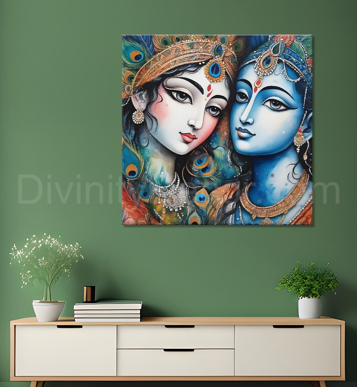Blue face of krishna with radha in oil painting Canvas Painting 24X24- Design - Krishna-S-29