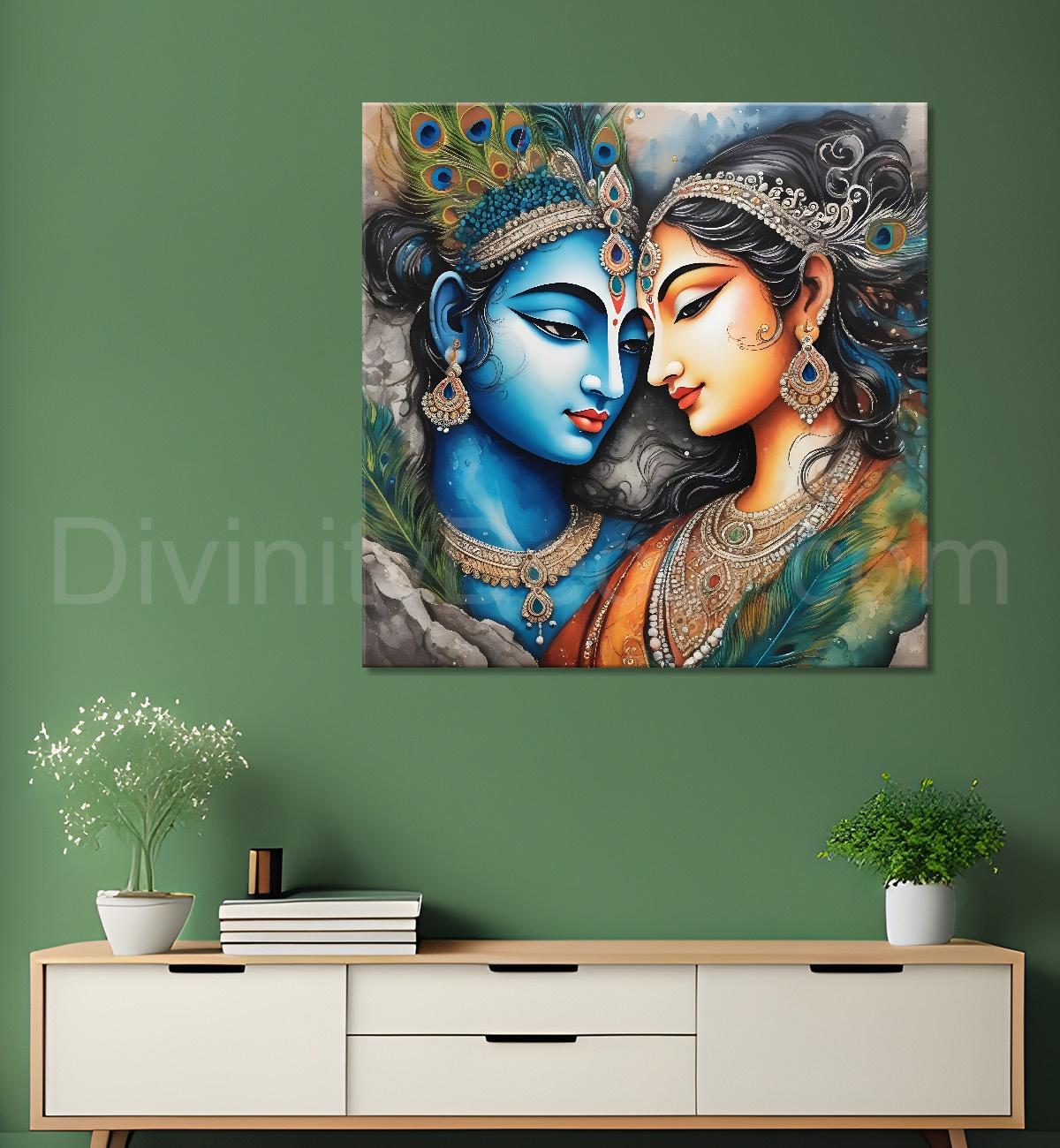 Blue face of krishna with radha in oil painting Canvas Painting 24X24- Design - Krishna-S-32