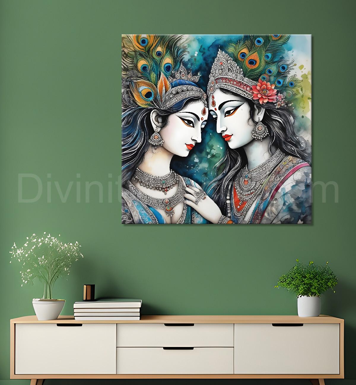 Blue face of krishna with radha in oil painting Canvas Painting 24X24- Design - Krishna-S-34