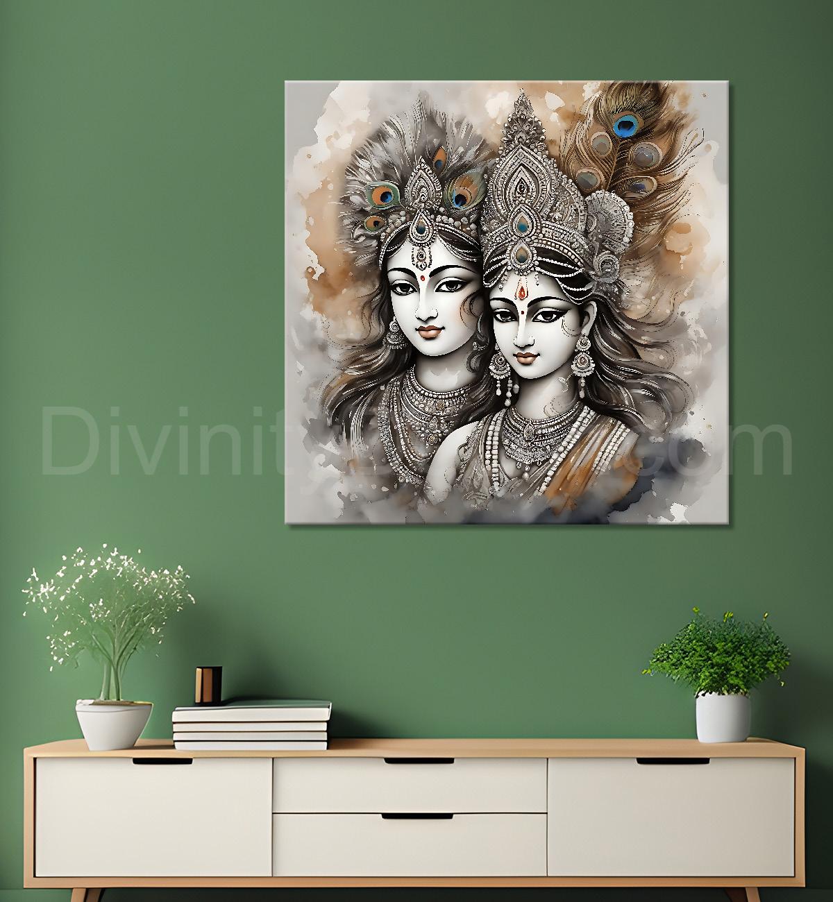 Krishna and radha with grey and bown textured oil painting Canvas Painting 24X24- Design - Krishna-S-36