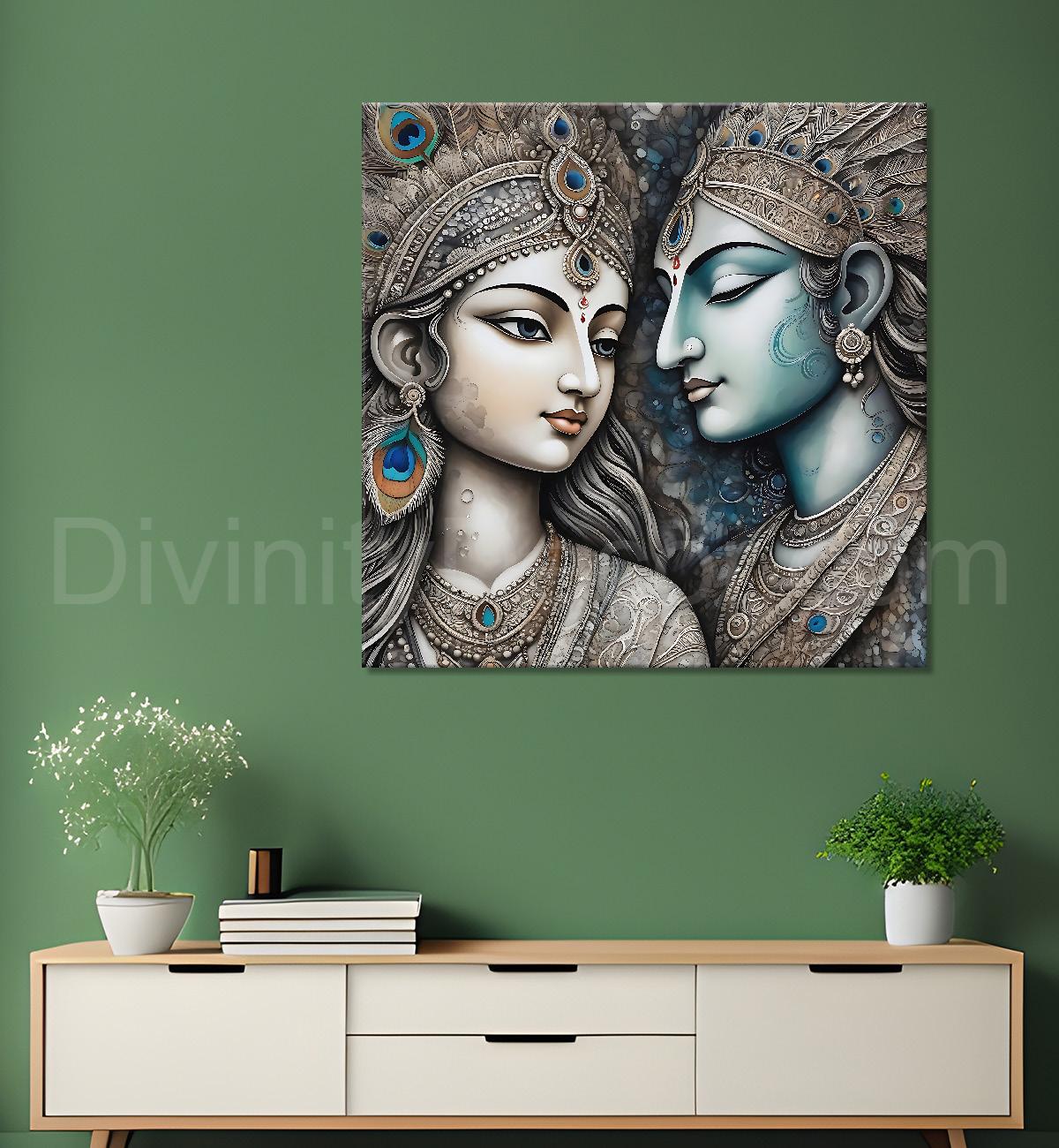 Krishna and radha with grey and bown textured oil painting Canvas Painting 24X24- Design - Krishna-S-37