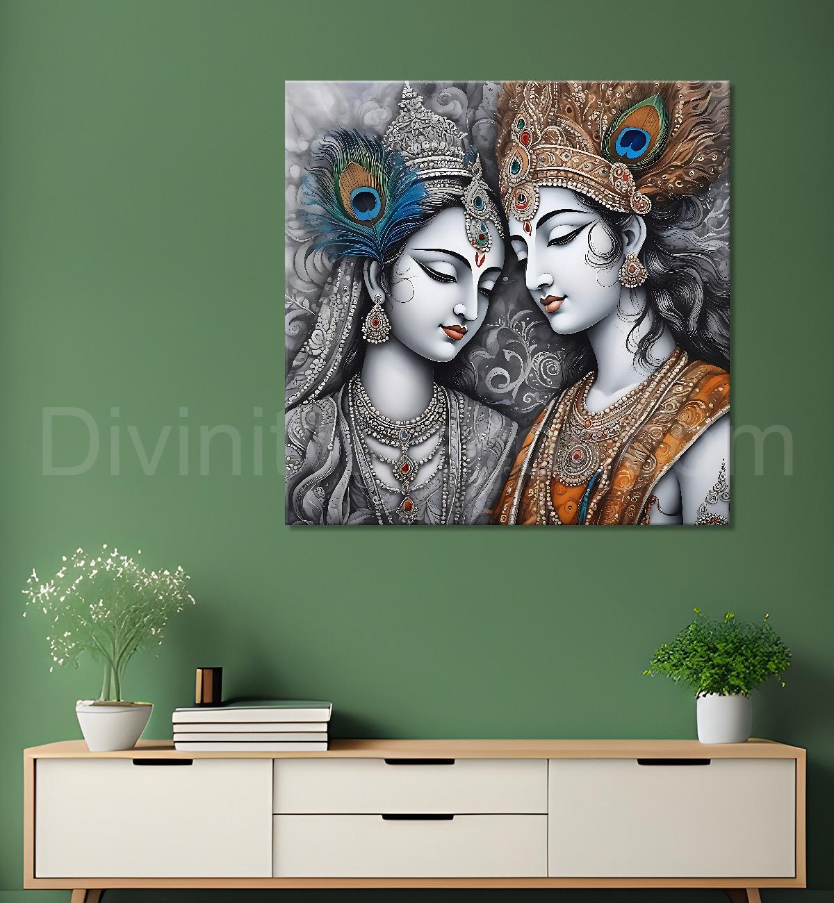 Krishna and radha with grey and bown textured oil painting Canvas Painting 24X24- Design - Krishna-S-38