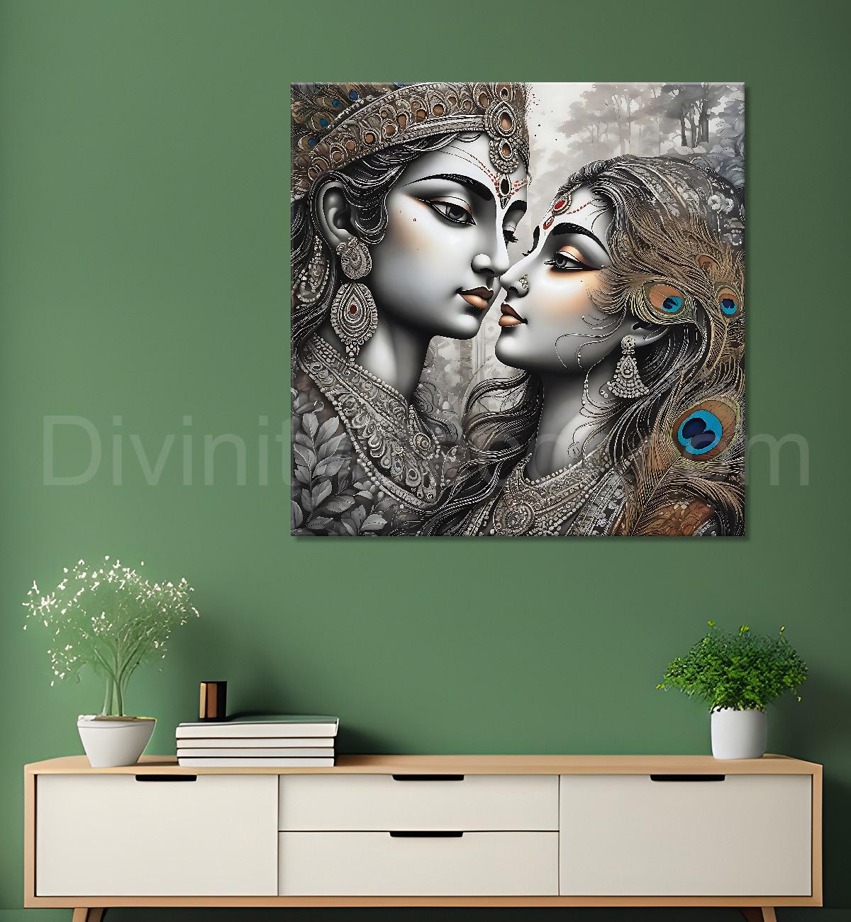 Krishna and radha with grey and bown textured oil painting Canvas Painting 24X24- Design - Krishna-S-39
