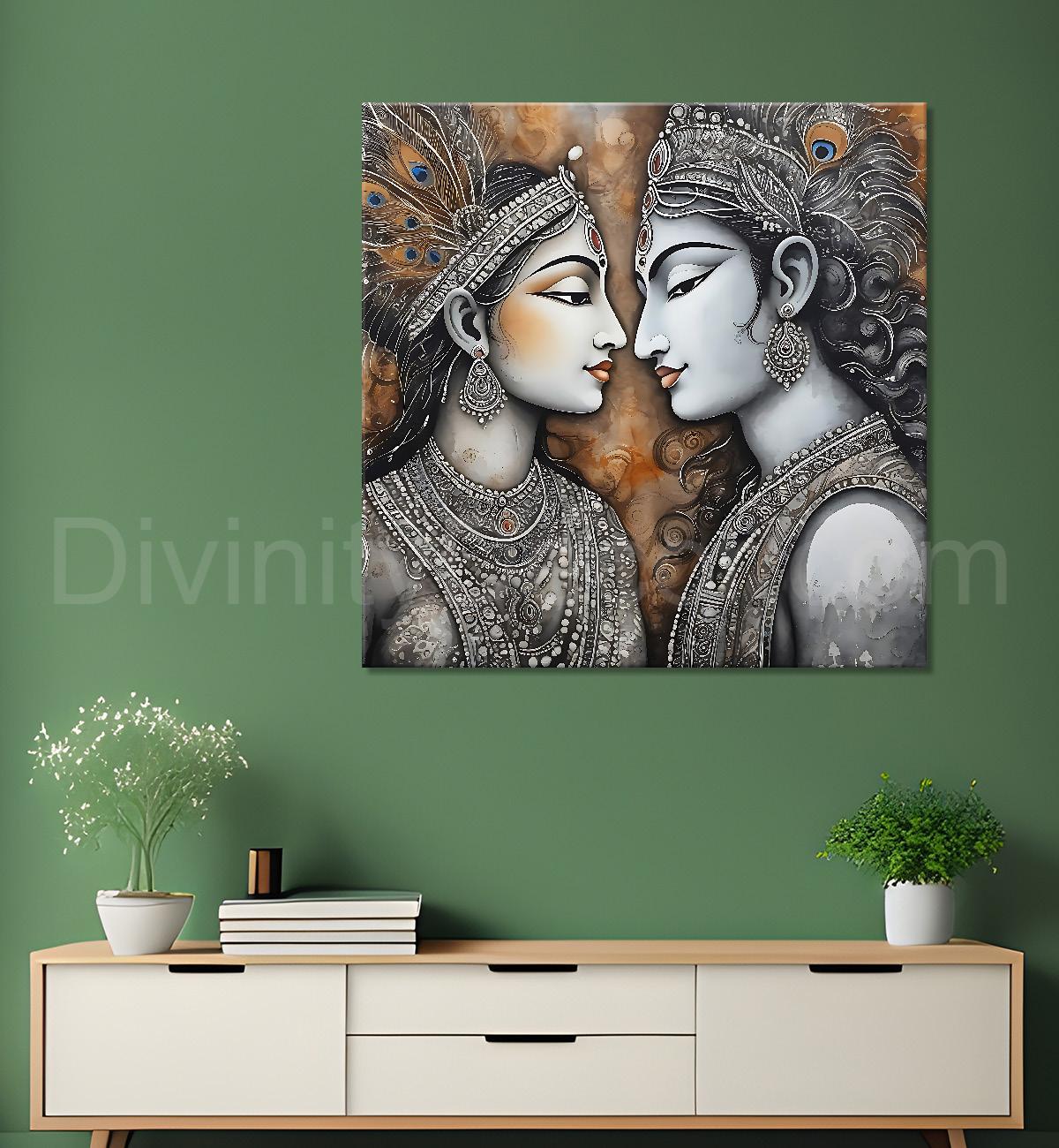Krishna and radha with grey and bown textured oil painting Canvas Painting 24X24- Design - Krishna-S-40
