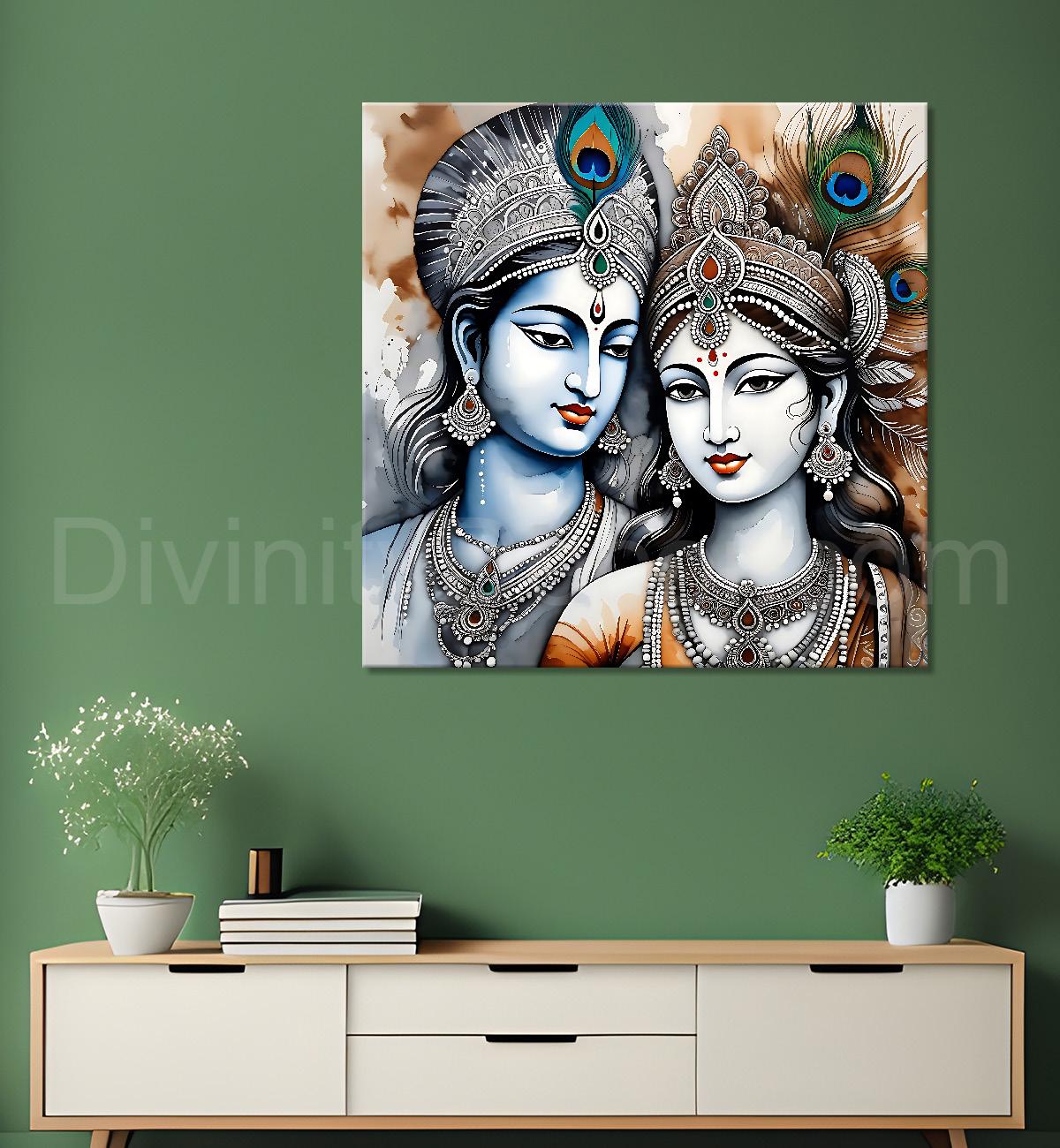 Krishna and radha with grey and bown textured oil painting Canvas Painting 24X24- Design - Krishna-S-41
