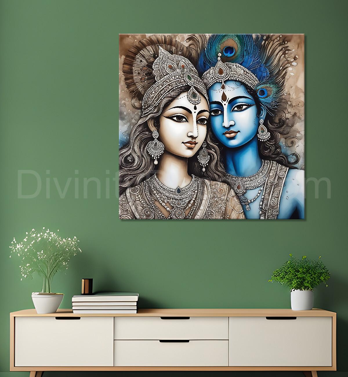 Krishna and Radha with grey and brown textured oil Canvas Painting 24X24- Design - Krishna-S-42