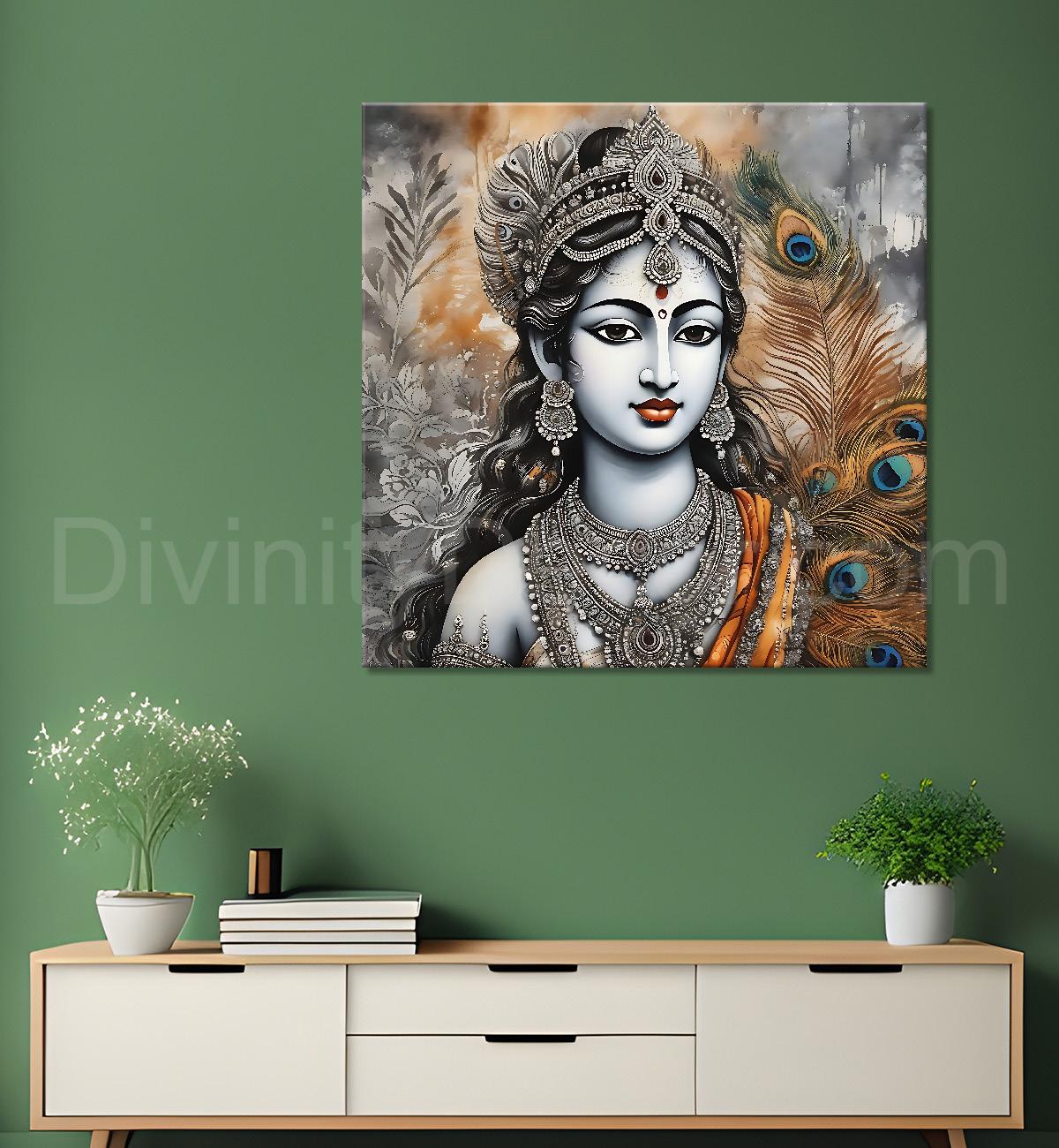 Krishna with grey and brown textured oil  Canvas Painting 24X24- Design - Krishna-S-43