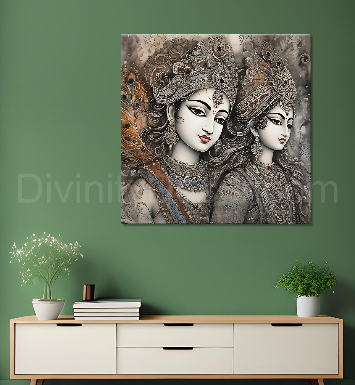 Krishna and Radha with grey and brown textured oil  Canvas Painting 24X24- Design - Krishna-S-44