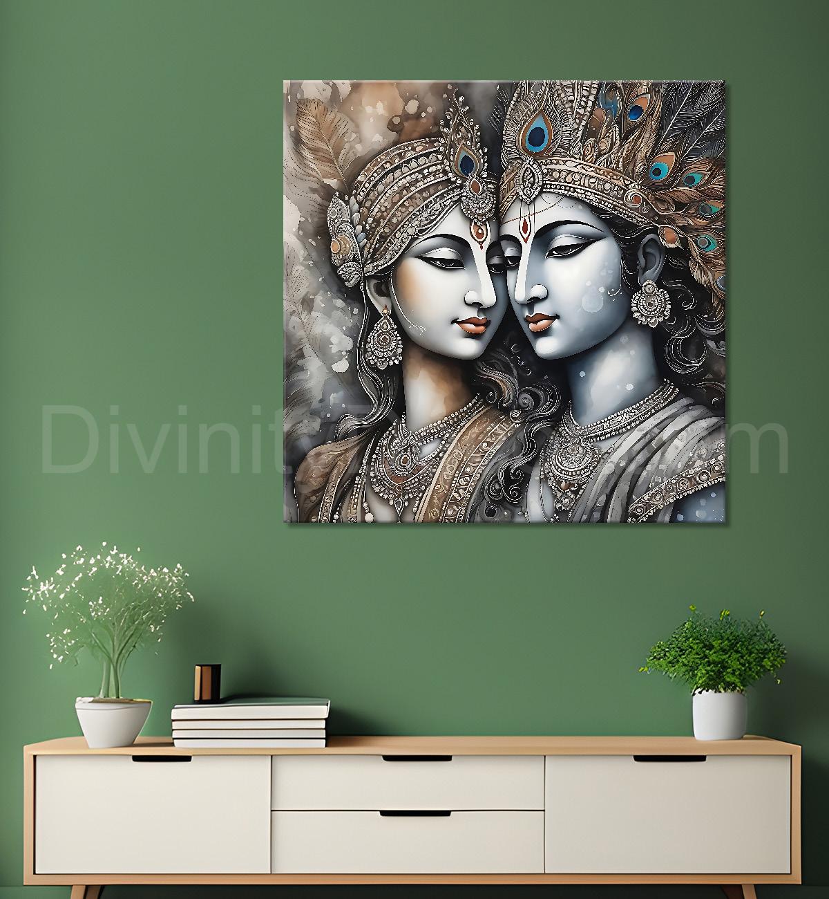 Krishna and Radha with grey and brown textured oil  Canvas Painting 24X24- Design - Krishna-S-45