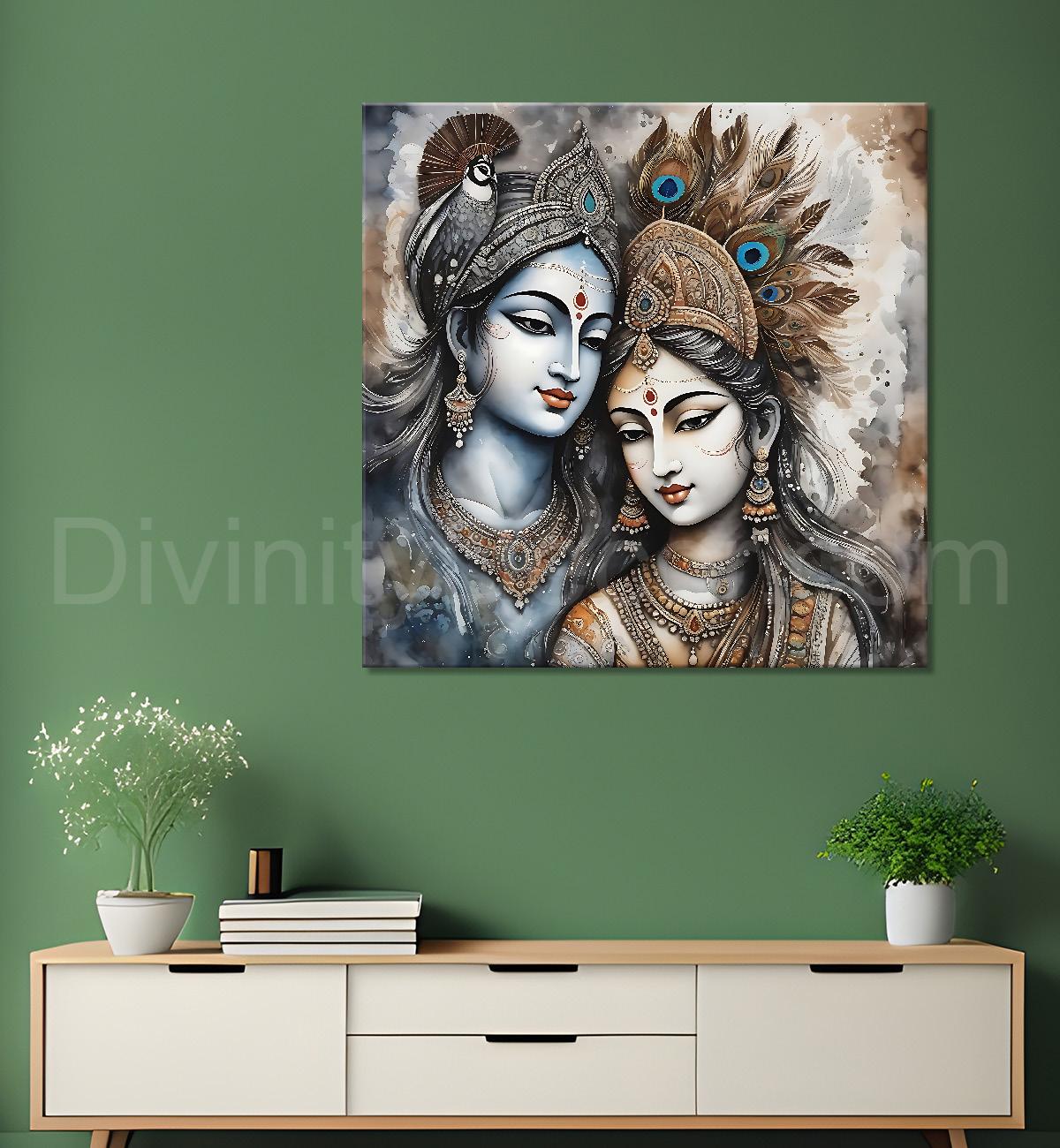 Krishna and Radha with grey and brown textured oil  Canvas Painting 24X24- Design - Krishna-S-49