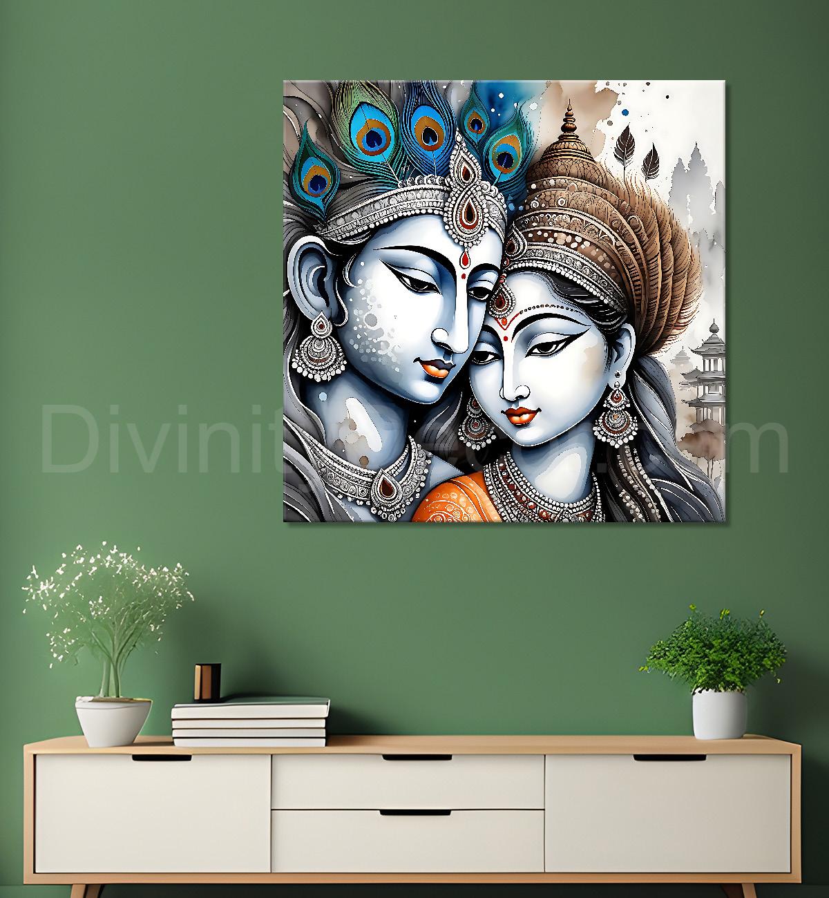 Krishna and Radha with grey and brown textured oil  Canvas Painting 24X24- Design - Krishna-S-51