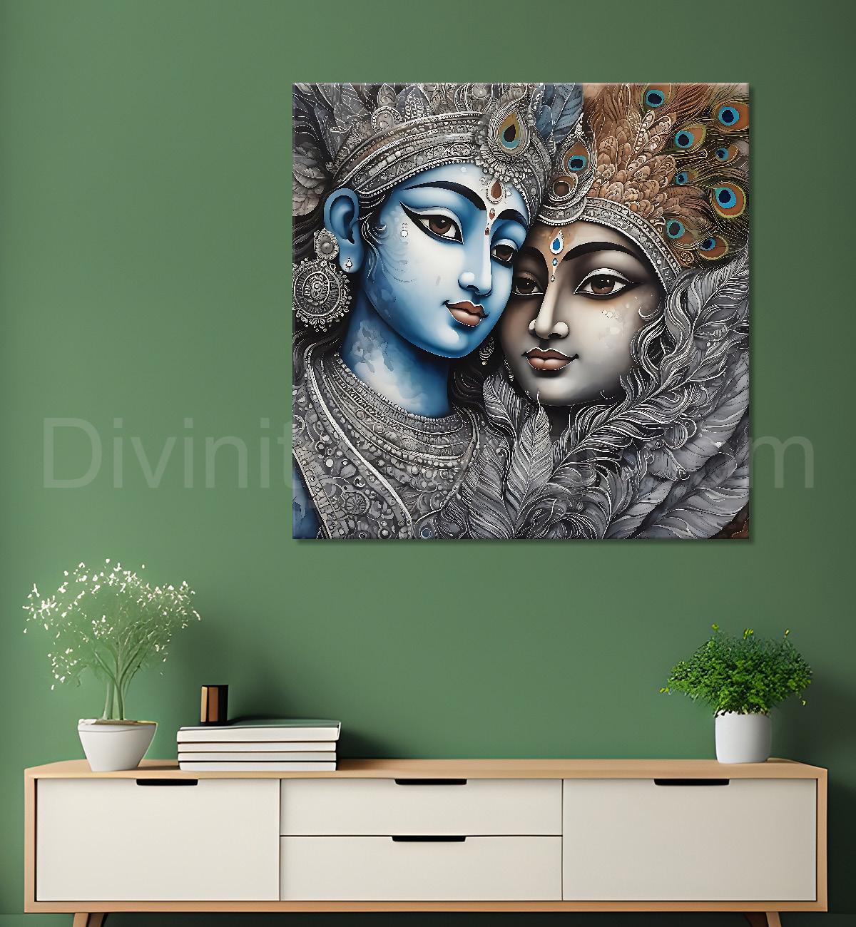 Krishna and Radha with grey and brown textured oil  Canvas Painting 24X24- Design - Krishna-S-53