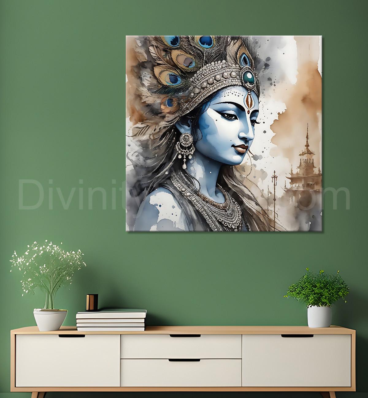 Krishna with grey and brown textured oil  Canvas Painting 24X24- Design - Krishna-S-58