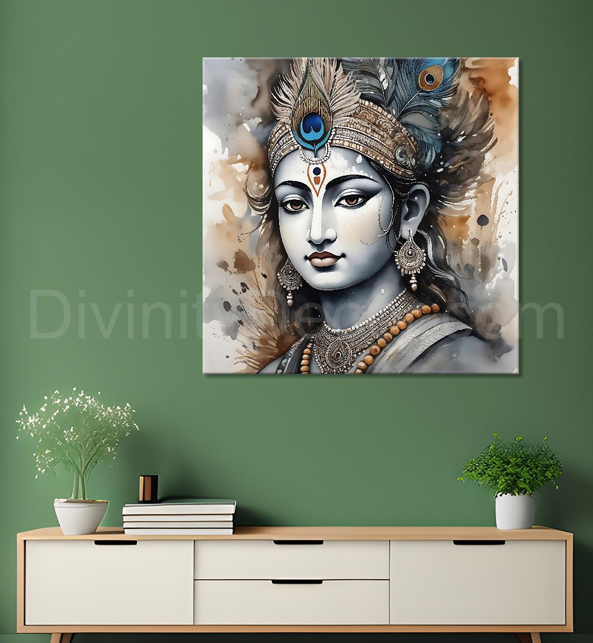 Krishna with grey and brown textured oil  Canvas Painting 24X24- Design - Krishna-S-59