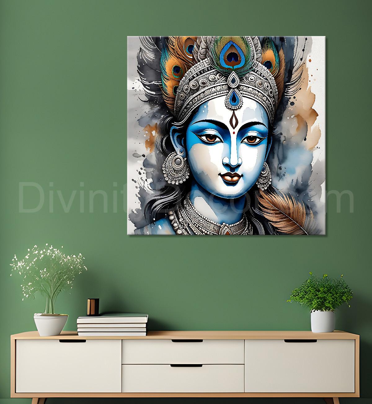 Krishna with grey and brown textured oil  Canvas Painting 24X24- Design - Krishna-S-60