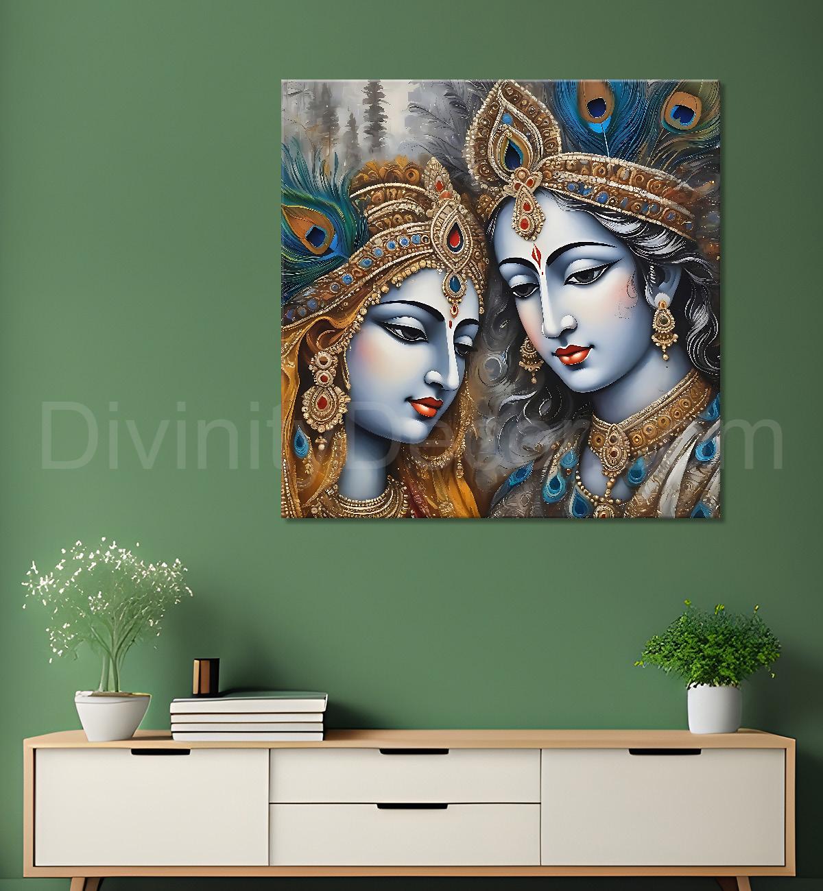 Krishna and Radha with grey and brown textured oil  Canvas Painting 24X24- Design - Krishna-S-65