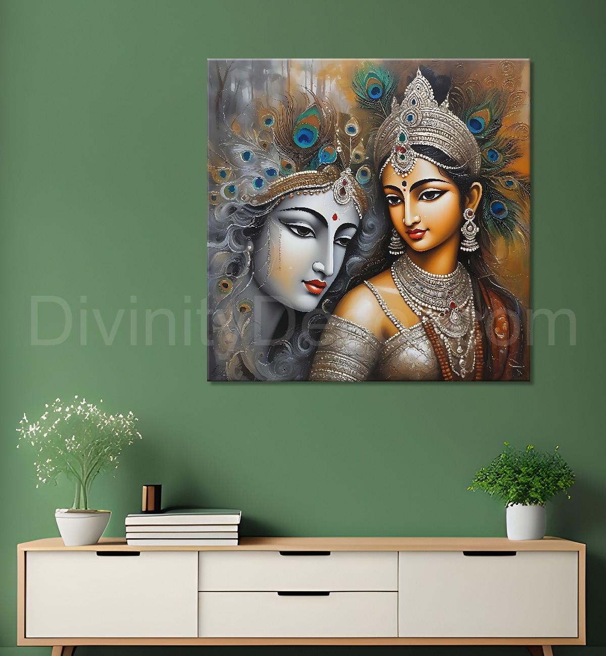 Krishna and Radha with grey and brown textured oil  Canvas Painting 24X24- Design - Krishna-S-66
