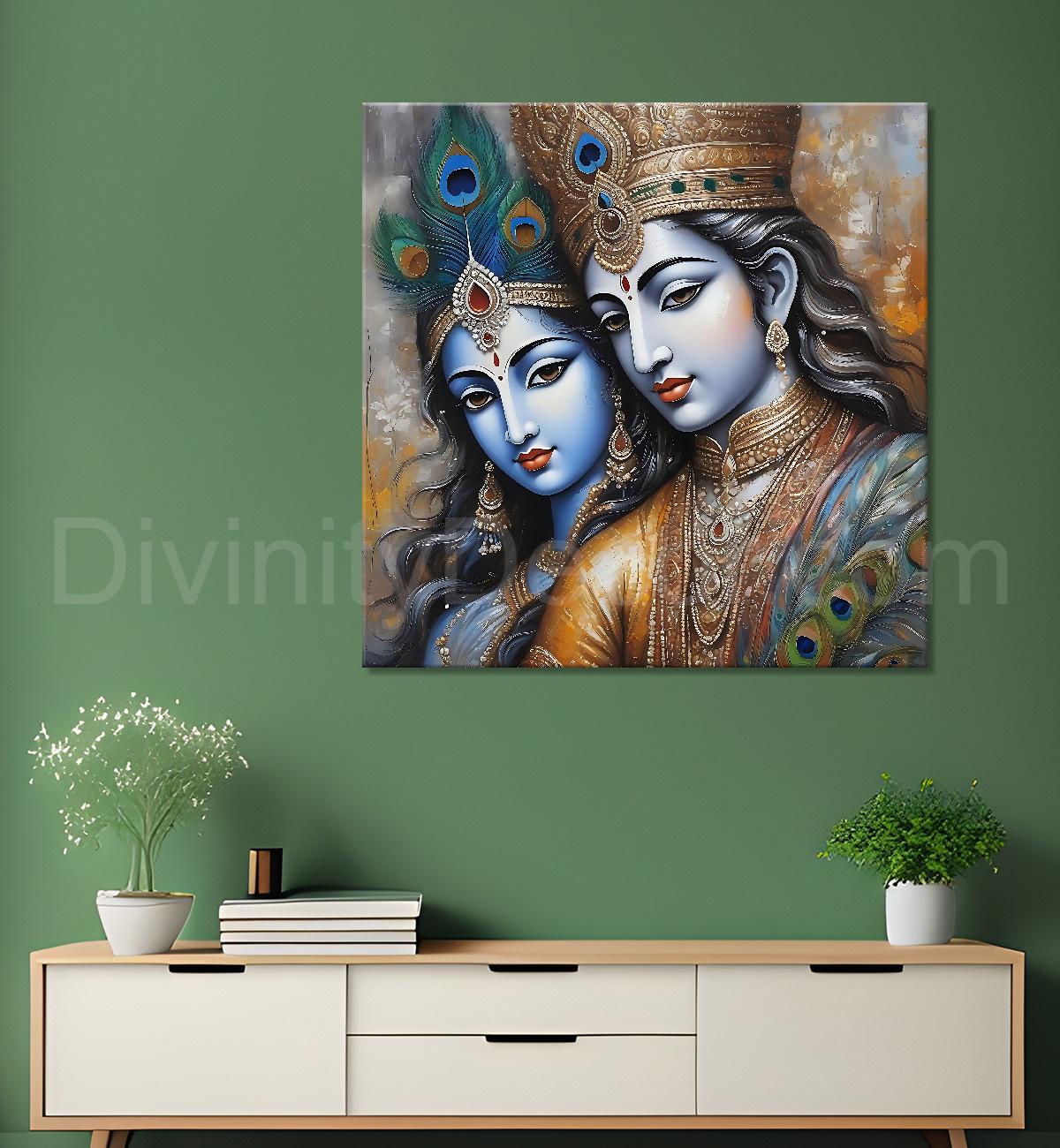 Krishna and Radha with grey and brown textured oil  Canvas Painting 24X24- Design - Krishna-S-67