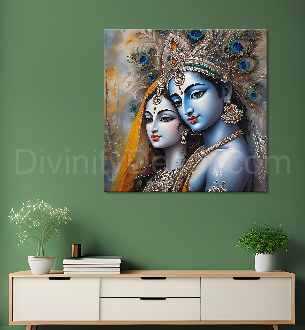 Krishna and Radha with grey and brown textured oil  Canvas Painting 24X24- Design - Krishna-S-69