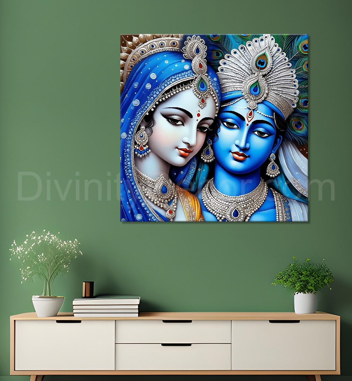 Blue face of Krishna and Radha with blue textured in oil Canvas Painting 24X24- Design - Krishna-S-73
