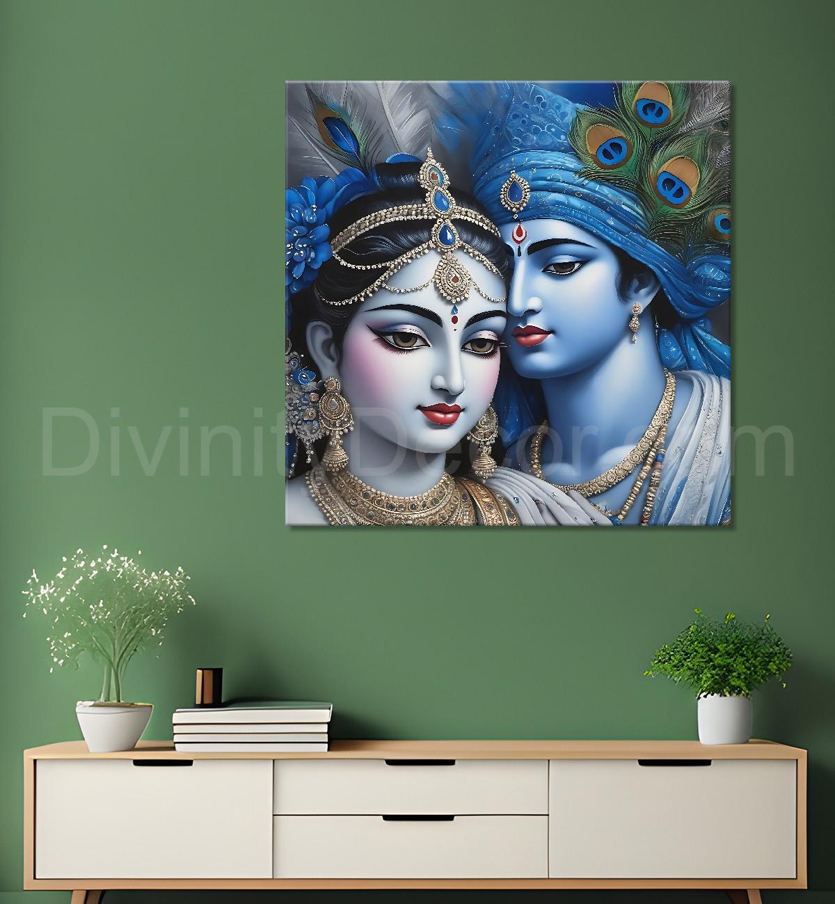 Blue face of Krishna and Radha with blue textured in oil Canvas Painting 24X24- Design - Krishna-S-74