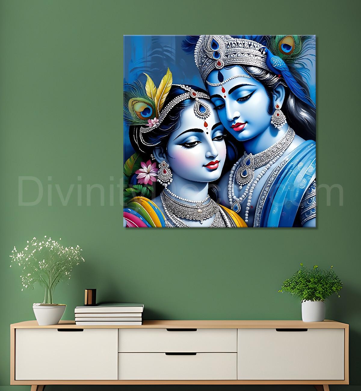 Blue face of krishna and radha with blue textured in oil painting Canvas Painting 24X24- Design - Krishna-S-75