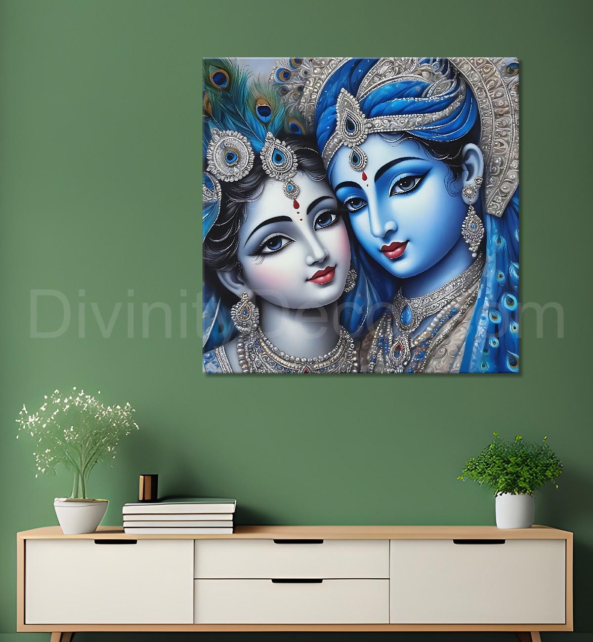 Blue face of krishna and radha with blue textured in oil painting Canvas Painting 24X24- Design - Krishna-S-77