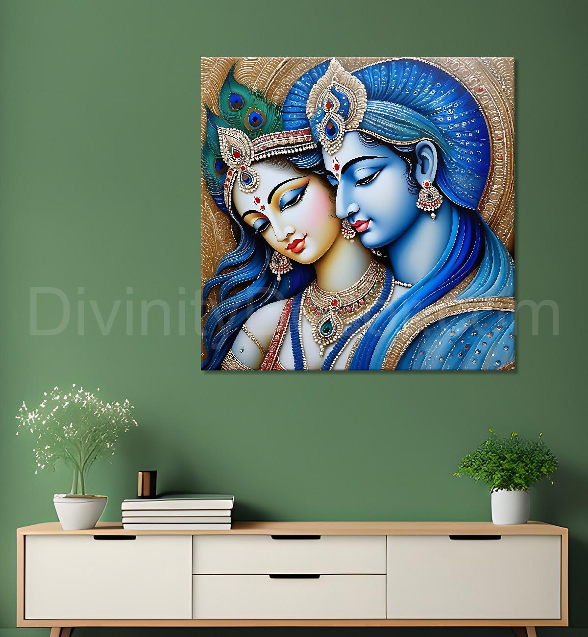 Blue face of krishna and radha with blue textured in oil painting Canvas Painting 24X24- Design - Krishna-S-78