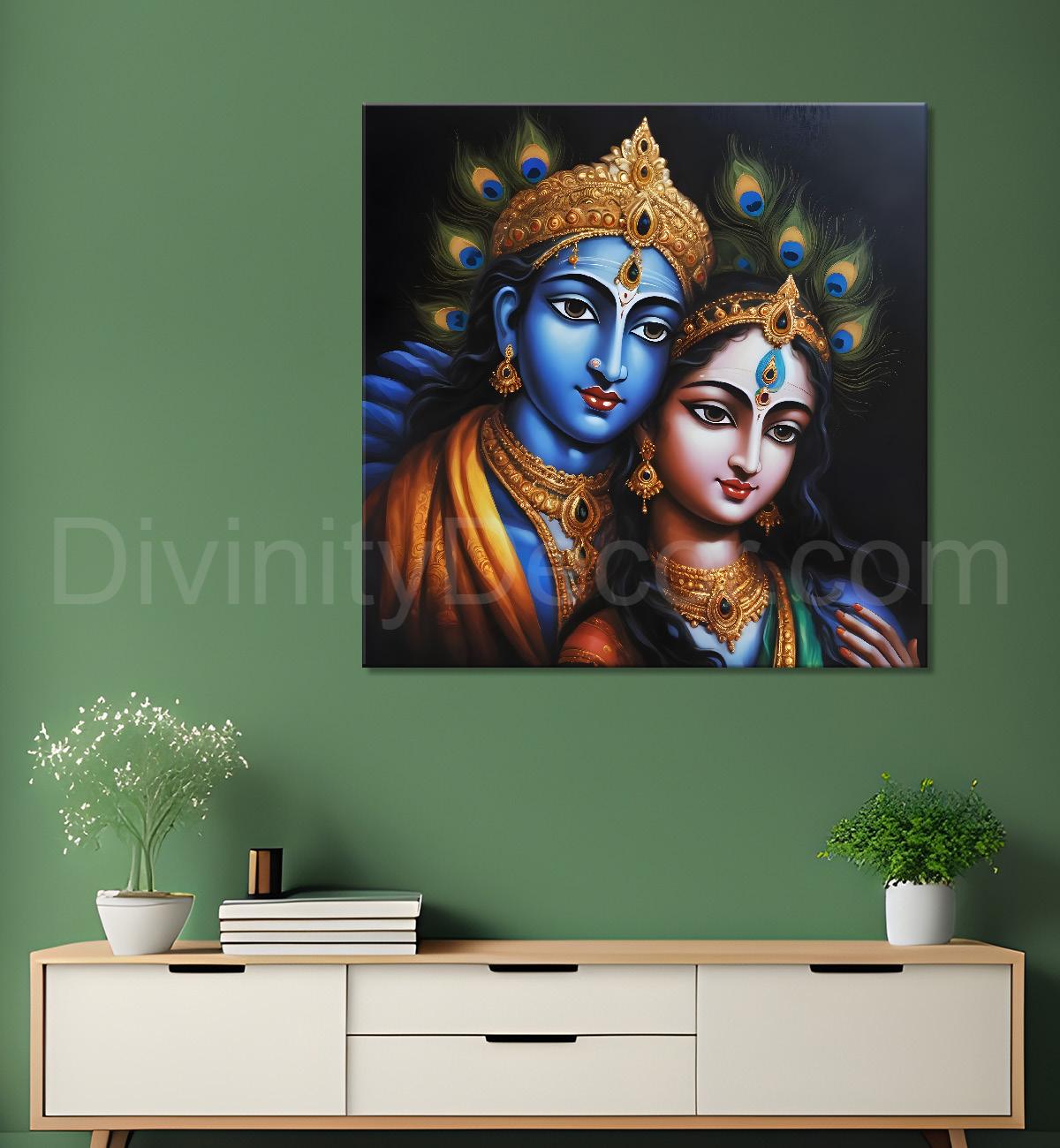 Blue face of krishna and radha with blue textured in oil painting Canvas Painting 24X24- Design - Krishna-S-79